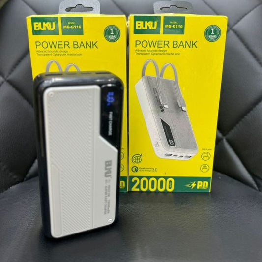 Buku Power Bank with model number MG-G116 and a 20,000mAh capacity.